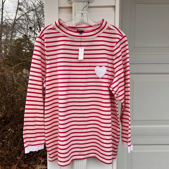 NWT Talbots Fun Pink Cream Stripe Appliqué Eyelet Heart Ruffled Cuff Top - Picture 4 of 4